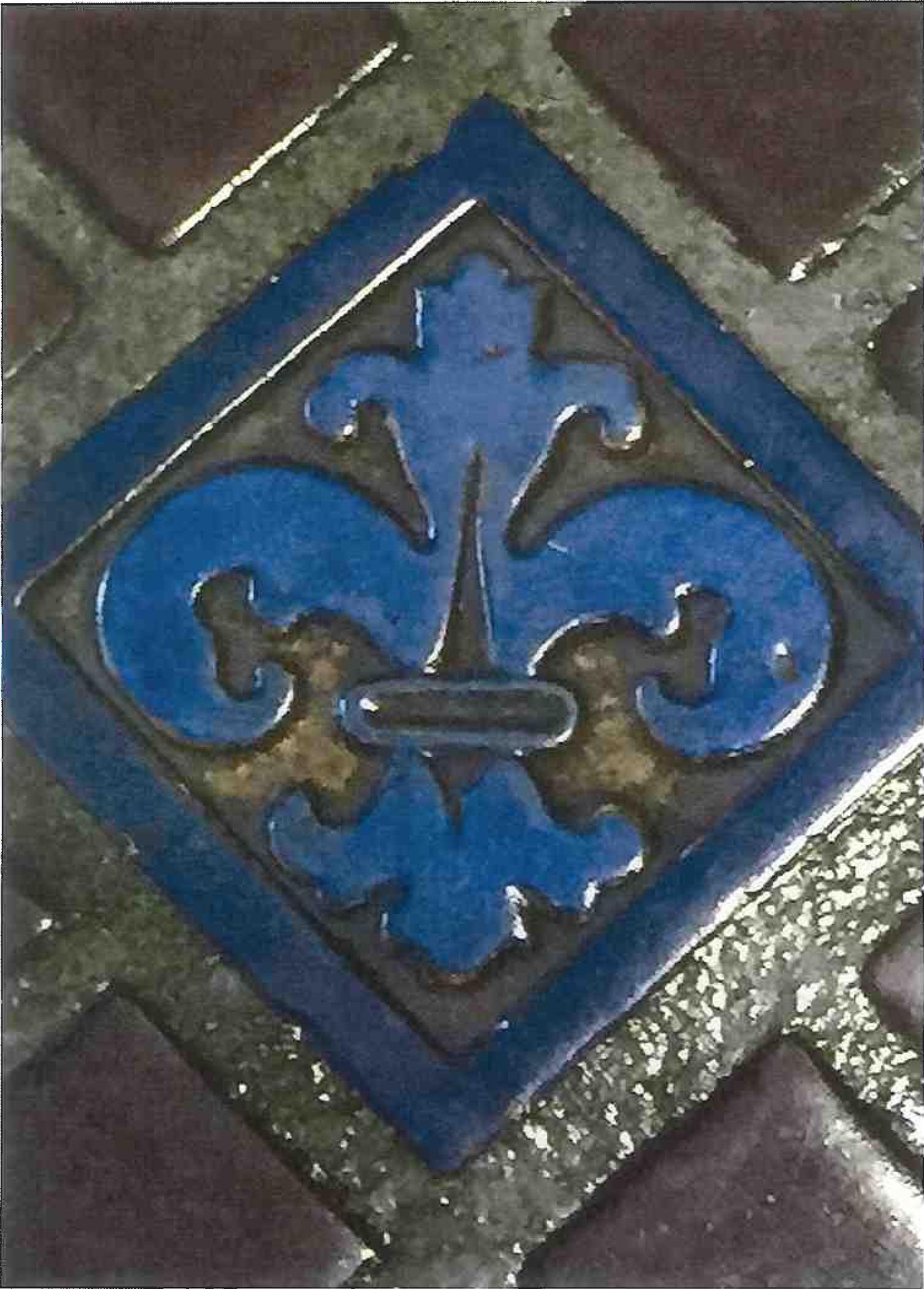 Variations of the fleur-de-lis were popular designs for insert tiles commonly seen in Flint Faience floor installations.